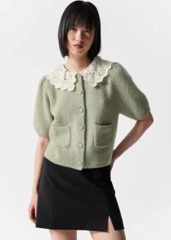 Cardigan En Maille à Col Crocheté