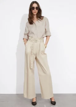 Pantalon Taille Haute Froncée à Ceinture à œillets
