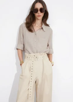 Pantalon Taille Haute Froncée à Ceinture à œillets