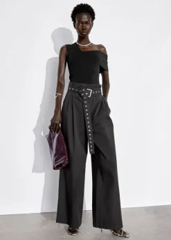 Pantalon Taille Haute Froncée à Ceinture à œillets