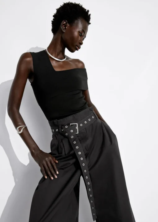 Pantalon Taille Haute Froncée à Ceinture à œillets