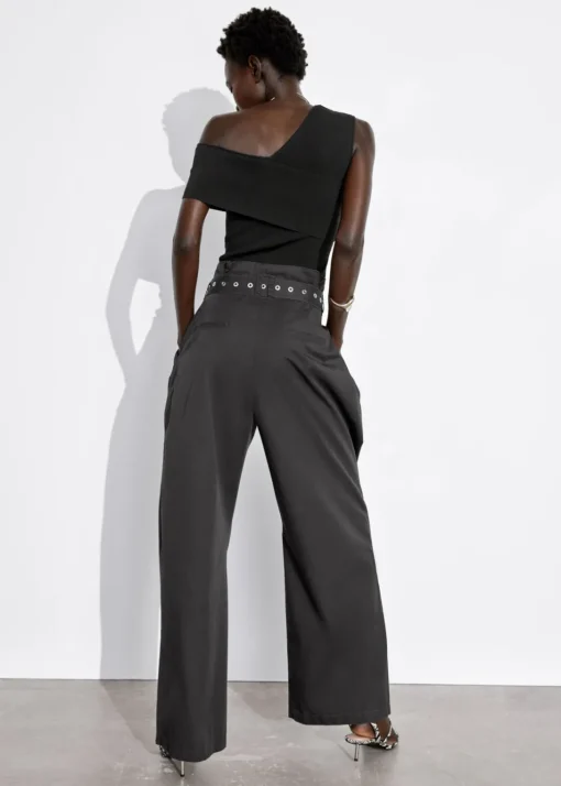 Pantalon Taille Haute Froncée à Ceinture à œillets
