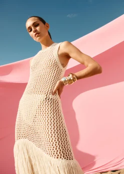 Robe Midi Crochetée à Franges